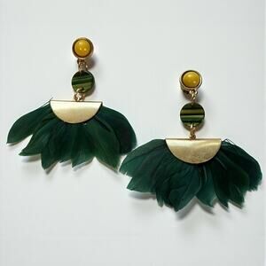 Green Feather Fan BOHO Aztec Statement Dangle Earrings - Pierced